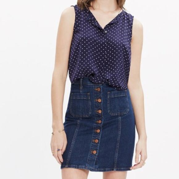 Madewell XSmall Navy Blue Silk Composition Tank Top Dots and Stars Split VNeck - Picture 8 of 8